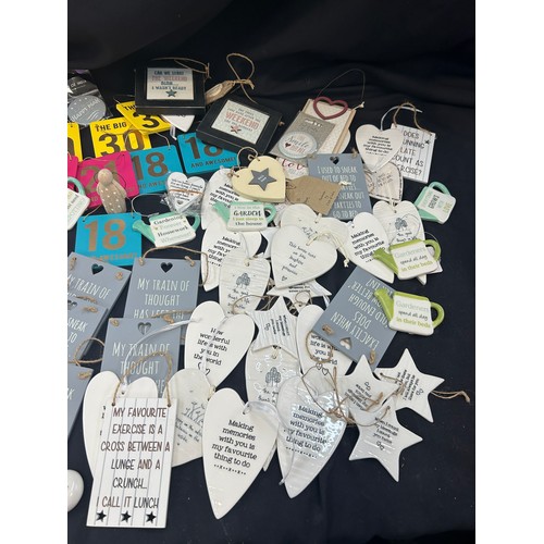 144 - Selection of new wall hanging small plaques, to include wooden, porcelain etc, various designs