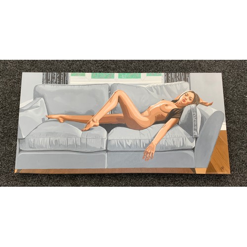 64 - Large Erotic painting on canvas, signed MR by local artist, approximate measurements: 39 x 20 inches