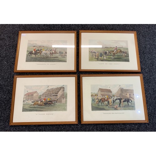 108 - 4 Framed horse racing printed, A close finish, Preparing to start, Left at the post, Saddle in the f... 