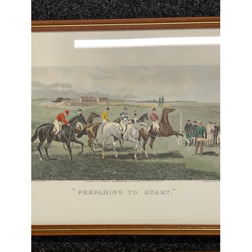 108 - 4 Framed horse racing printed, A close finish, Preparing to start, Left at the post, Saddle in the f... 