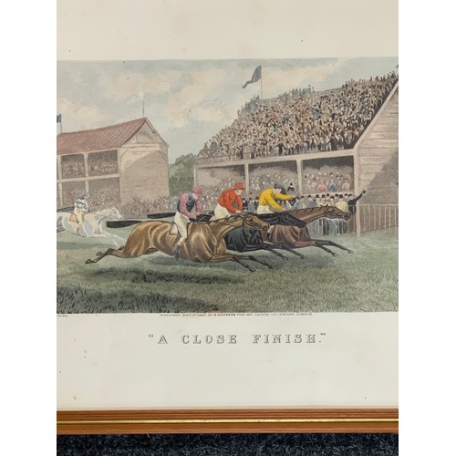 108 - 4 Framed horse racing printed, A close finish, Preparing to start, Left at the post, Saddle in the f... 