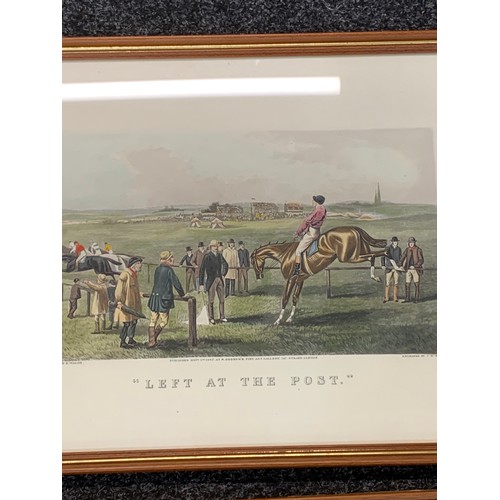 108 - 4 Framed horse racing printed, A close finish, Preparing to start, Left at the post, Saddle in the f... 