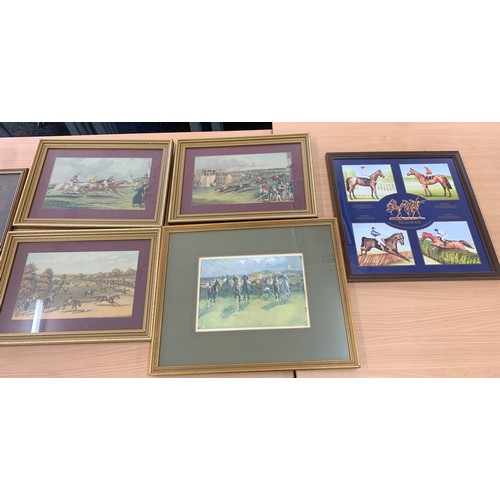 72 - 5 framed horse racing prints, 3 framed horse cigarette cards, largest frame measures approximately 1... 