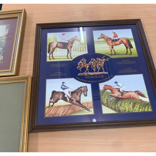 72 - 5 framed horse racing prints, 3 framed horse cigarette cards, largest frame measures approximately 1... 