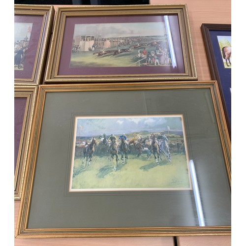 72 - 5 framed horse racing prints, 3 framed horse cigarette cards, largest frame measures approximately 1... 