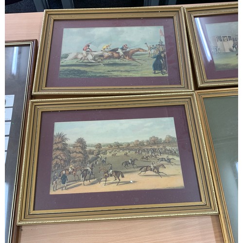 72 - 5 framed horse racing prints, 3 framed horse cigarette cards, largest frame measures approximately 1... 