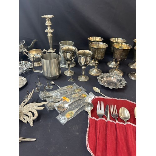 177 - Selection of silver plated and metal ware to include animal figures, goblets, candlestick etc