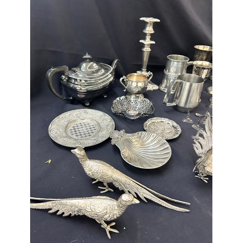 177 - Selection of silver plated and metal ware to include animal figures, goblets, candlestick etc