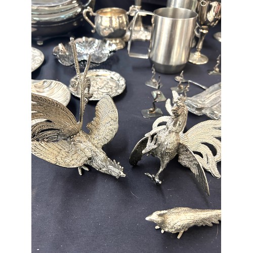 177 - Selection of silver plated and metal ware to include animal figures, goblets, candlestick etc