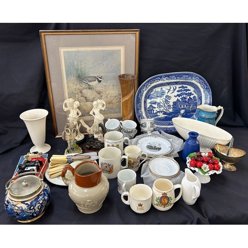 165 - Selection of collectable pottery to include biscuit barrel, blue and white meat plate, cutlery, mode... 