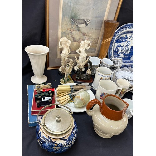 165 - Selection of collectable pottery to include biscuit barrel, blue and white meat plate, cutlery, mode... 