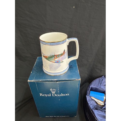 28 - Royal Worcester boxed cup and saucer set, 3 tankards (Battle of Britain, Dunkirk, The Dambusters)