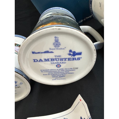 28 - Royal Worcester boxed cup and saucer set, 3 tankards (Battle of Britain, Dunkirk, The Dambusters)