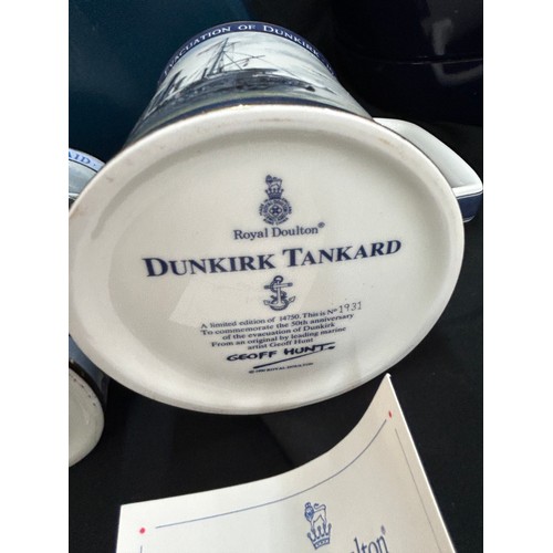 28 - Royal Worcester boxed cup and saucer set, 3 tankards (Battle of Britain, Dunkirk, The Dambusters)