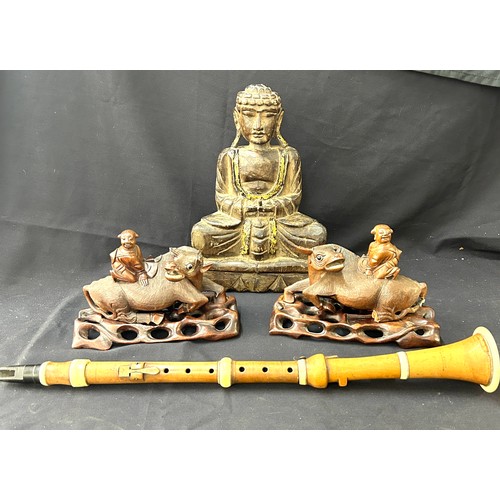 114 - Selection of oriental wooden items, wooden clarinet