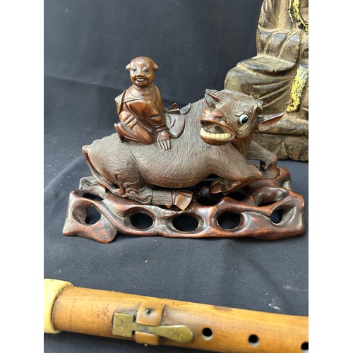 114 - Selection of oriental wooden items, wooden clarinet