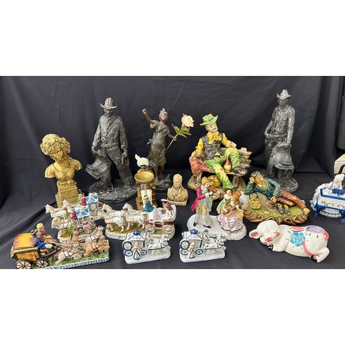 158 - Selection of pottery and porcelain ornaments, to include horses and carriages etc