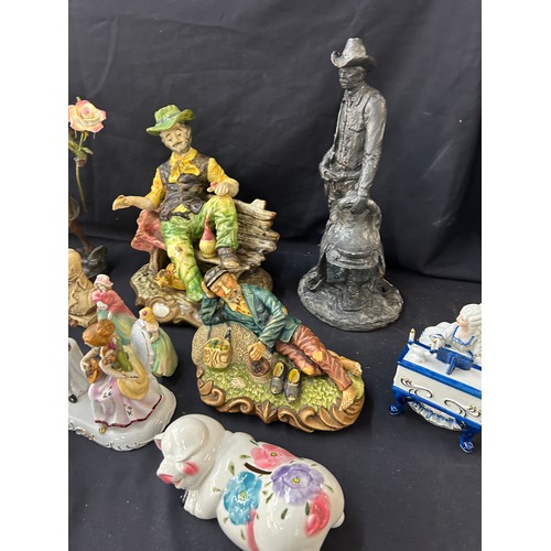 158 - Selection of pottery and porcelain ornaments, to include horses and carriages etc