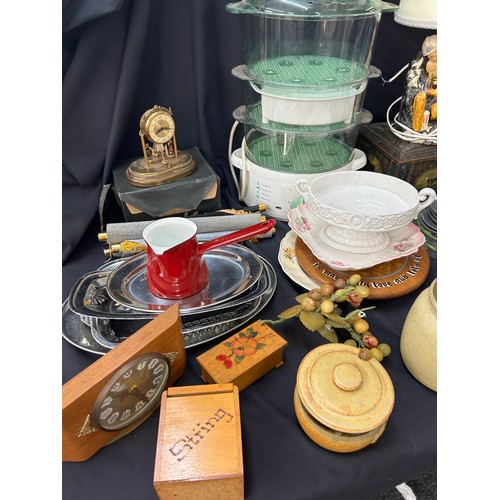 157 - Large selection of miscellaneous to include table lamp, steamer, plates, placemats etc