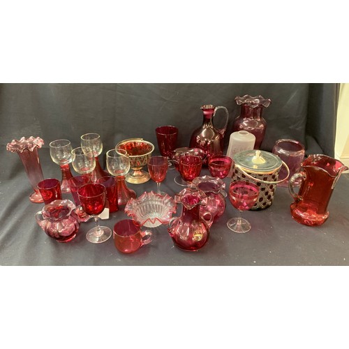 474 - Large selection of Cranberry glass to include vases, glasses, jug, vases etc