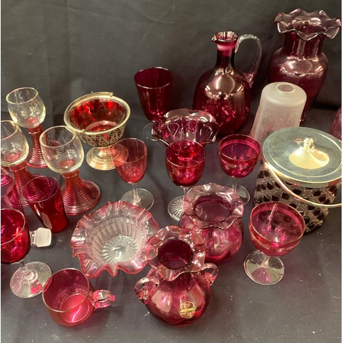 474 - Large selection of Cranberry glass to include vases, glasses, jug, vases etc