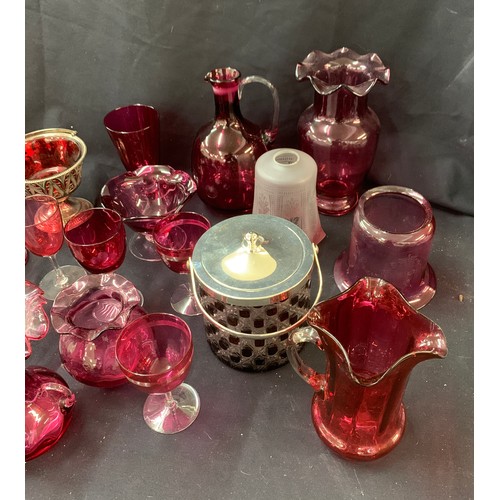 474 - Large selection of Cranberry glass to include vases, glasses, jug, vases etc