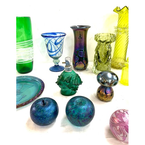 107 - Selection of coloured glassware to include vases, fruit etc