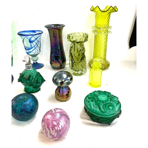 107 - Selection of coloured glassware to include vases, fruit etc