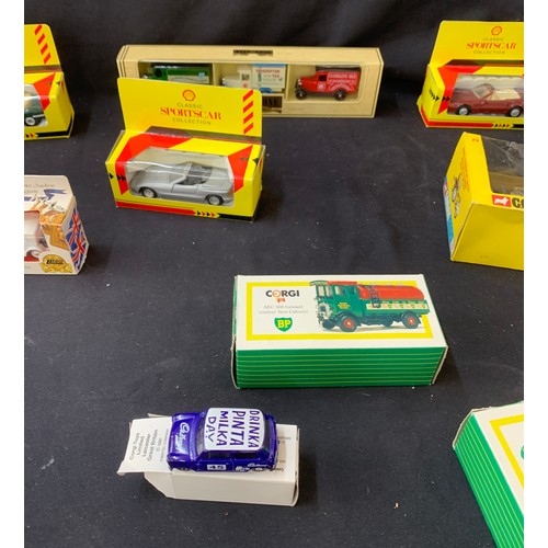 59 - Selection of boxed model cars to include Corgi Tractor, bus, BP tanker, Shell collection vehicles et... 