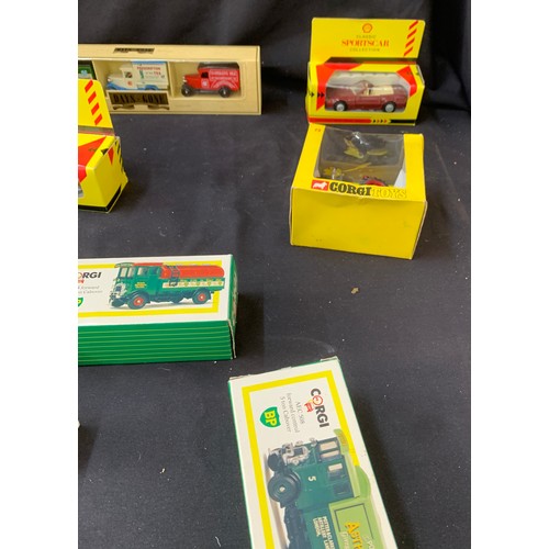 59 - Selection of boxed model cars to include Corgi Tractor, bus, BP tanker, Shell collection vehicles et... 