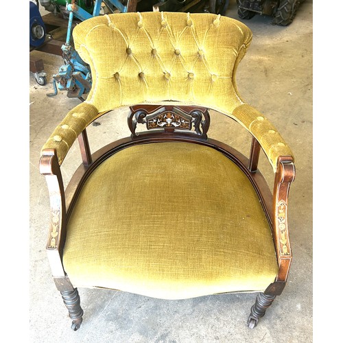 490 - Victorian walnut inlaid tub chair approximate measurements: Height 29 inches, Width 24 inches, Depth... 