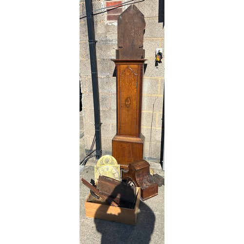 518 - Oak cased grandfather brass faced clock, in need of repair