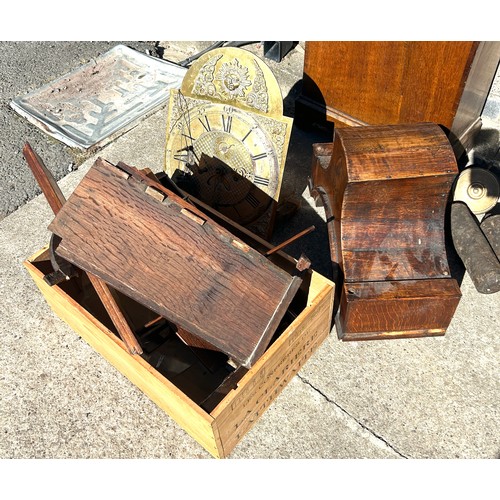 518 - Oak cased grandfather brass faced clock, in need of repair