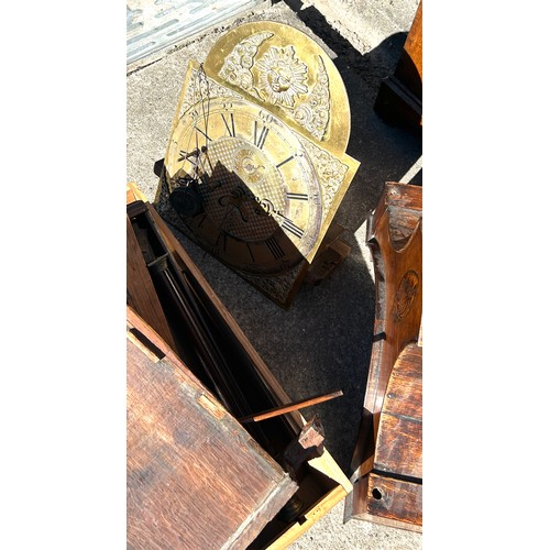 518 - Oak cased grandfather brass faced clock, in need of repair