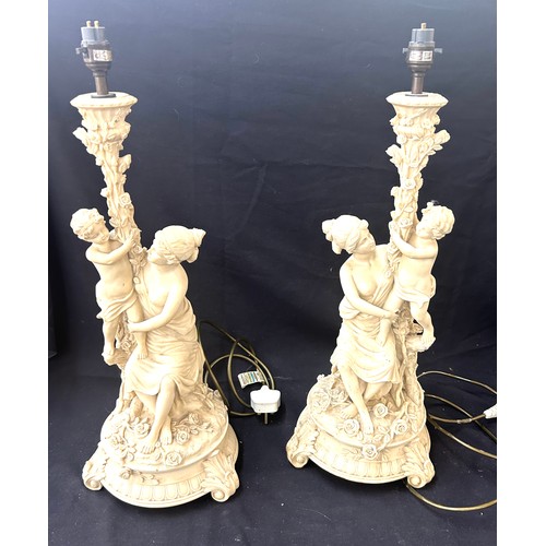 127 - Pair alabaster / resin lady figure lamps with shades, working order, overall height excluding height... 