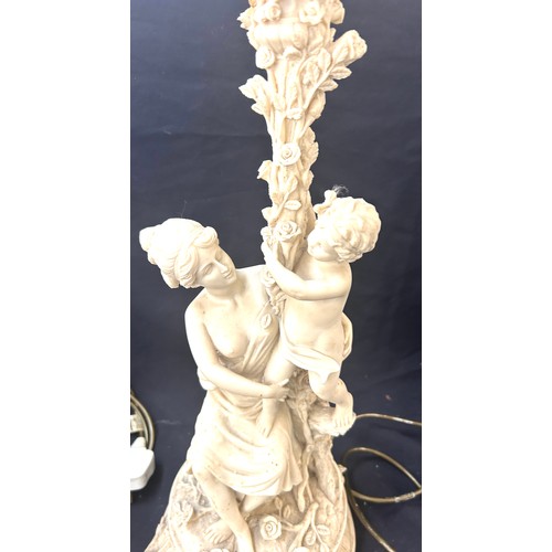 127 - Pair alabaster / resin lady figure lamps with shades, working order, overall height excluding height... 