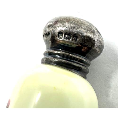 16 - Antique silver top & porcelain scent bottle painted decoration of  japanese girl measures approx 75m... 