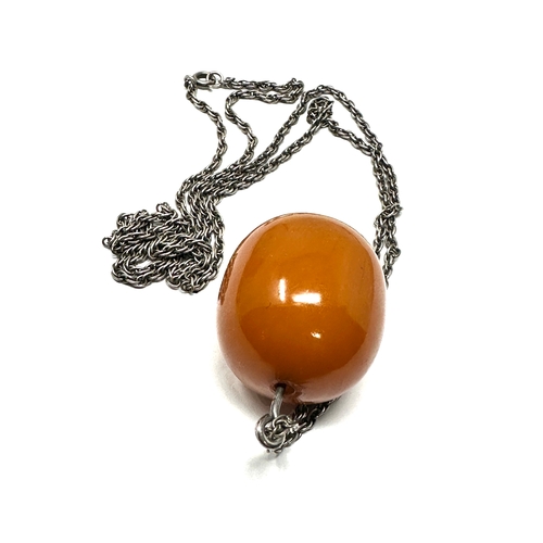 308 - Large amber bead silver pendant necklace bead measures approx 35mm by 28mm weight 30g including chai... 