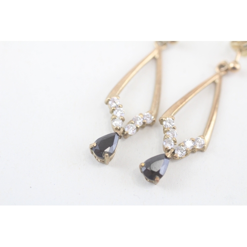 164 - 9ct gold sapphire and white gemstone drop earrings (2.2g)