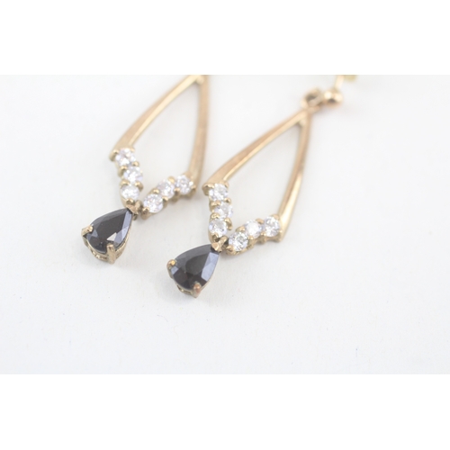 164 - 9ct gold sapphire and white gemstone drop earrings (2.2g)