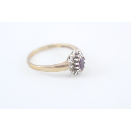 196 - 9ct gold amethyst and diamond set cluster ring (2.7g)