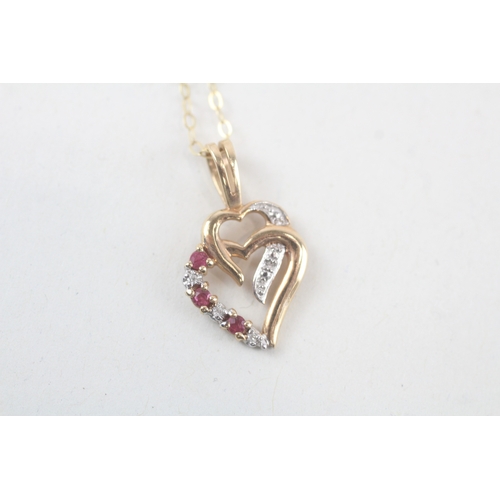 265 - 9ct gold ruby & diamond heart shape pendant necklace (1.2g)