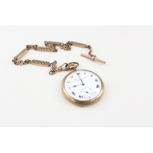 462 - Mens Vintage Rolled Gold Pocket Watch Hand-Wind Working w/Chain and 9ct T-Bar