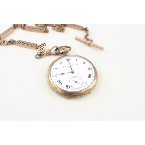 462 - Mens Vintage Rolled Gold Pocket Watch Hand-Wind Working w/Chain and 9ct T-Bar