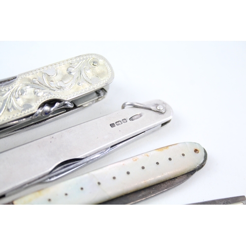 40 - 4 x .925 sterling silver fruit / pocket knives inc mop, antique etc