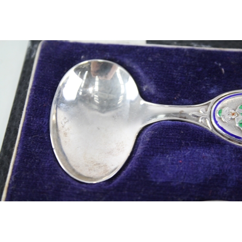 43 - .925 sterling christening gift feeding spoon & pusher w/ enamel, fitted case