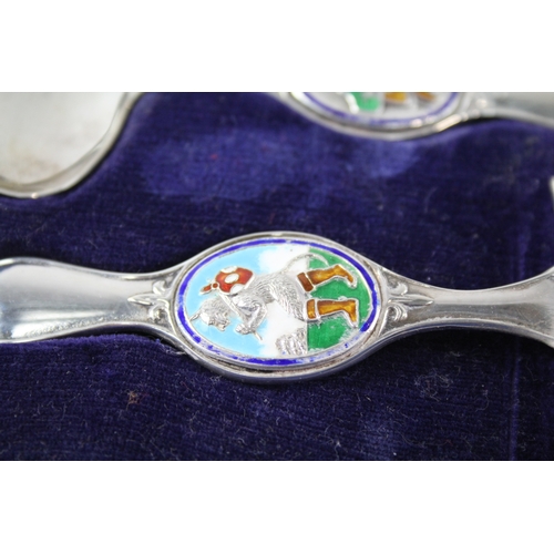 43 - .925 sterling christening gift feeding spoon & pusher w/ enamel, fitted case