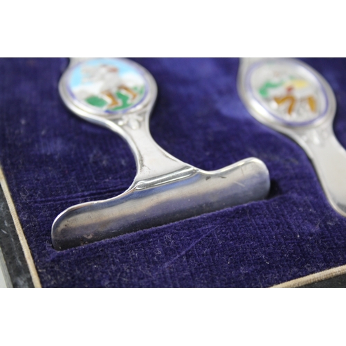 43 - .925 sterling christening gift feeding spoon & pusher w/ enamel, fitted case