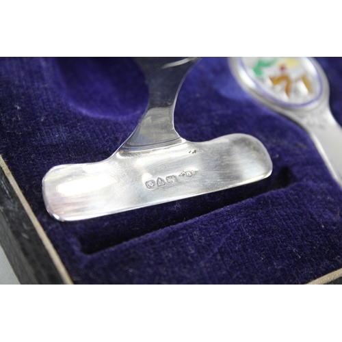 43 - .925 sterling christening gift feeding spoon & pusher w/ enamel, fitted case