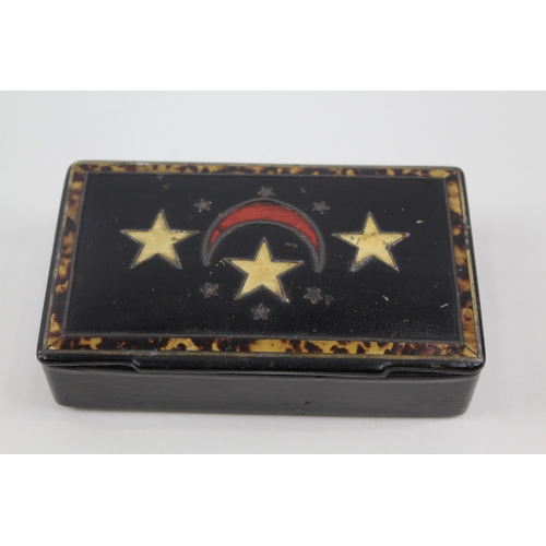 475 - 19th Century Papier Mache Desk Top Snuff Box w/ Egyptian Flag & Abalone Border